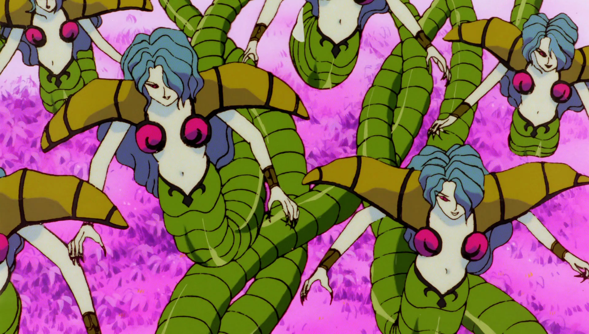 Dahlian, Flower Youma from the Sailor Moon R movie. There’s a whole bunch of them. They have pale green skin and long blue hair, and their tops consist of black and pink cups with huge brown shoulder coverings. Their lower bodies are green and snake-like. Yeah, I probably should have led with the snake thing.